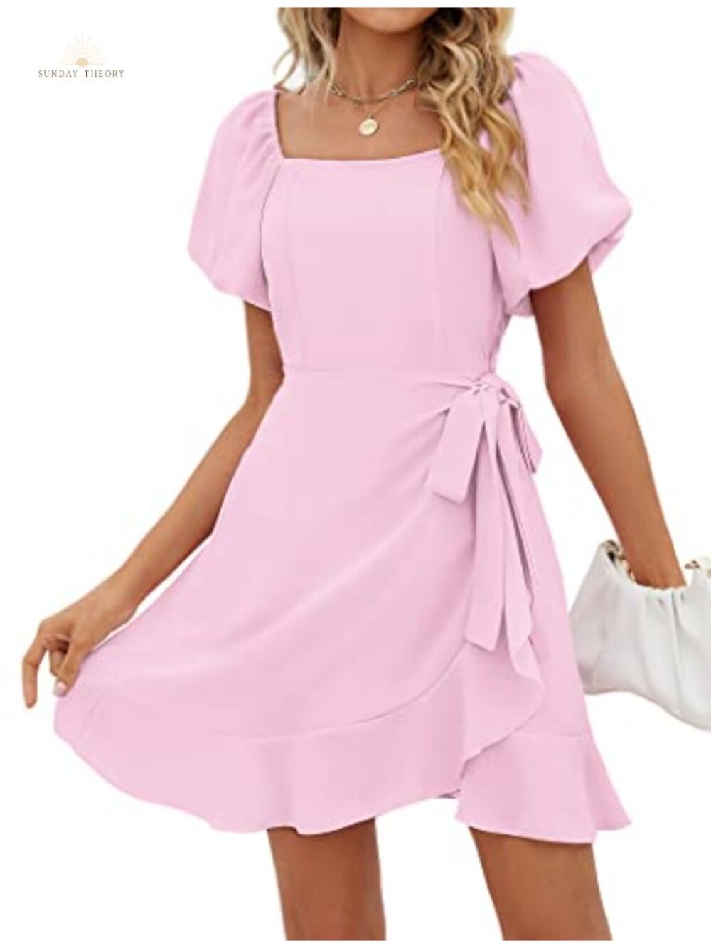 Women's Summer Mini Dress Square Neck Puff Sleeve Tie Waist Chiffon